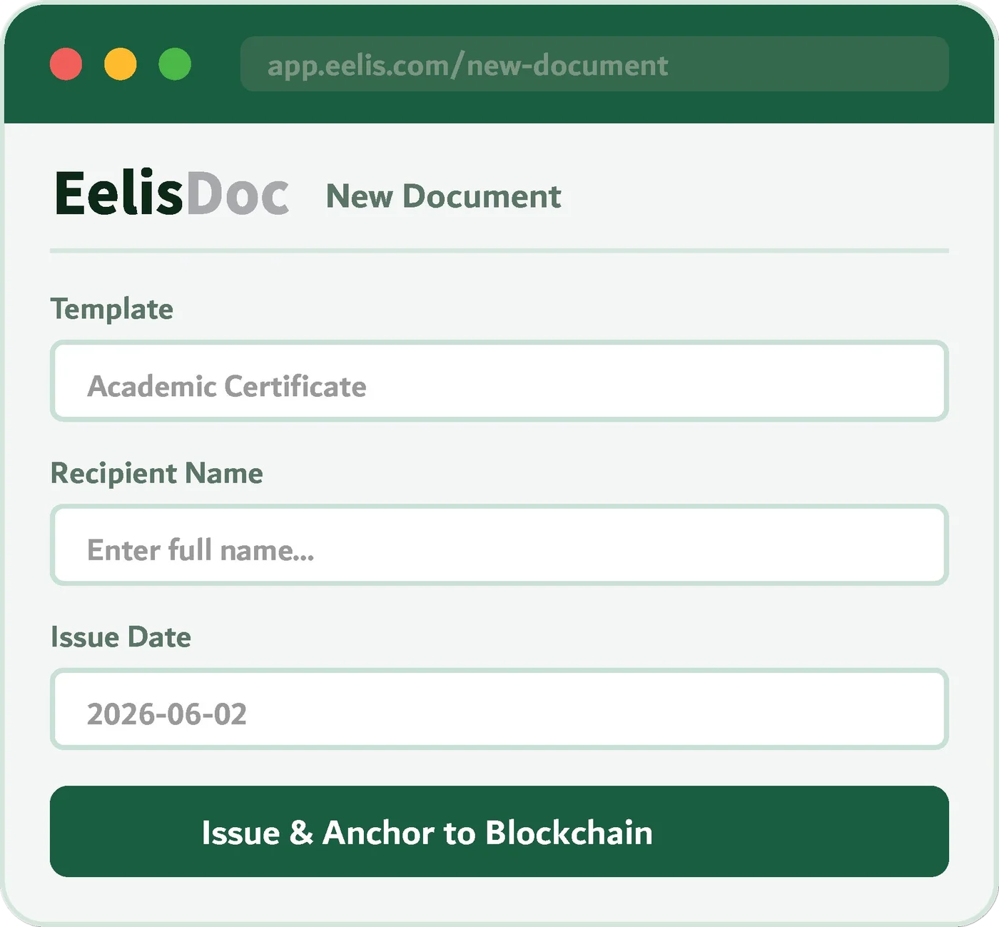 EelisDoc new document form for issuing an academic certificate