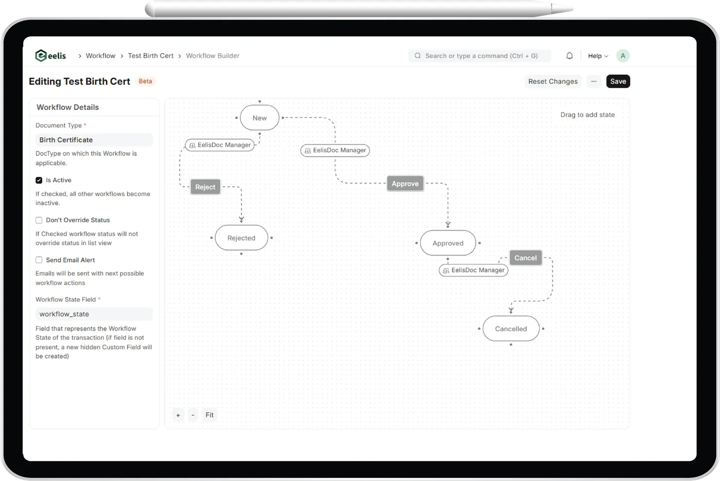 EelisDoc workflow designer showing a birth certificate approval flow on a tablet